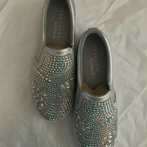 Skechers Double Up Rhinestone Trim Slip-Ons - Take the Lead - White/Silver